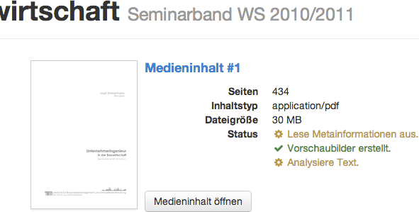 Screenshot zeigt den Verarbeitungsstatus einer PDF: Das Vorschaubild wurde erstellt. Die Metainformationen und der Text aber noch nicht ausgelesen